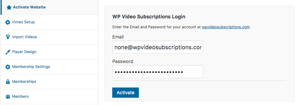 Activate WP Video Subscriptions